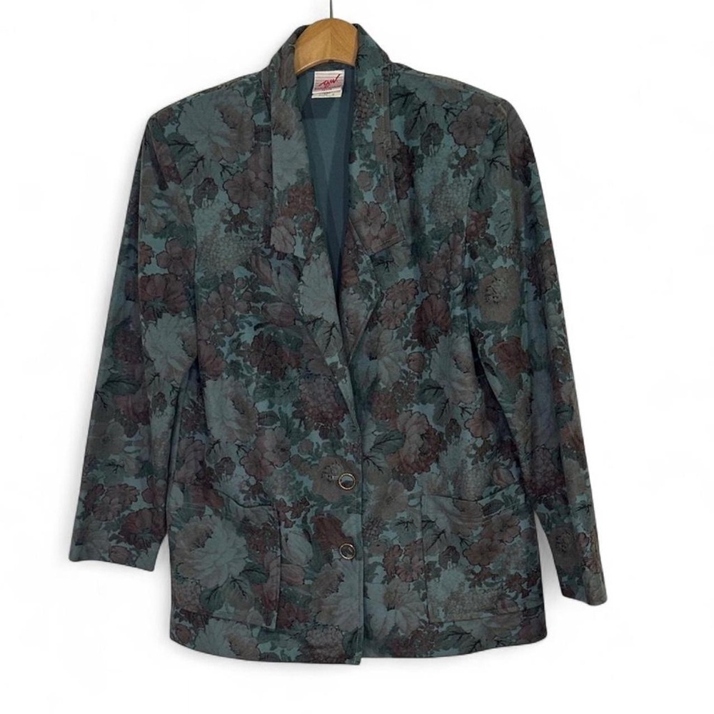 Vintage Teal Floral Patterned Women's Jacket Size 6 Petite